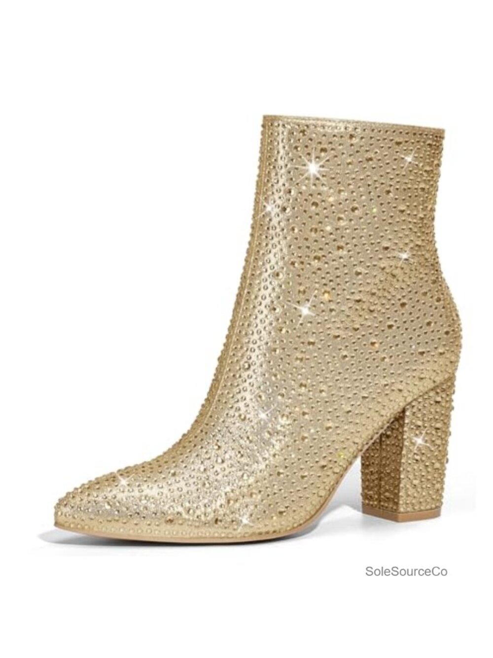 Rhinestone Ankle Booties Pointed Toe Block Heel Side Zip Sparkly Party